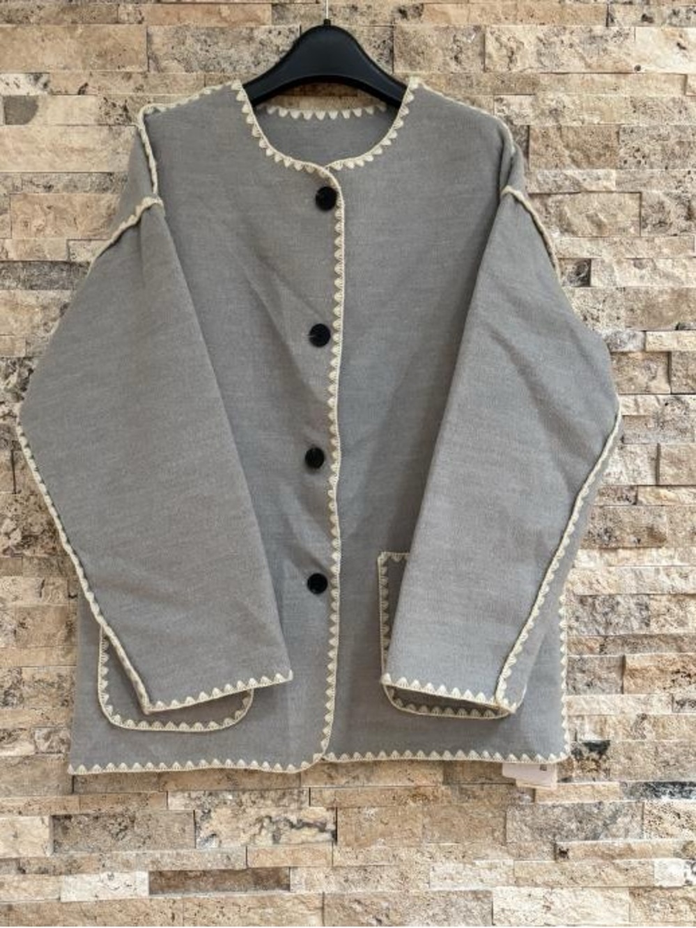 Commense Grey Jacket with Cream Crochet Trim
